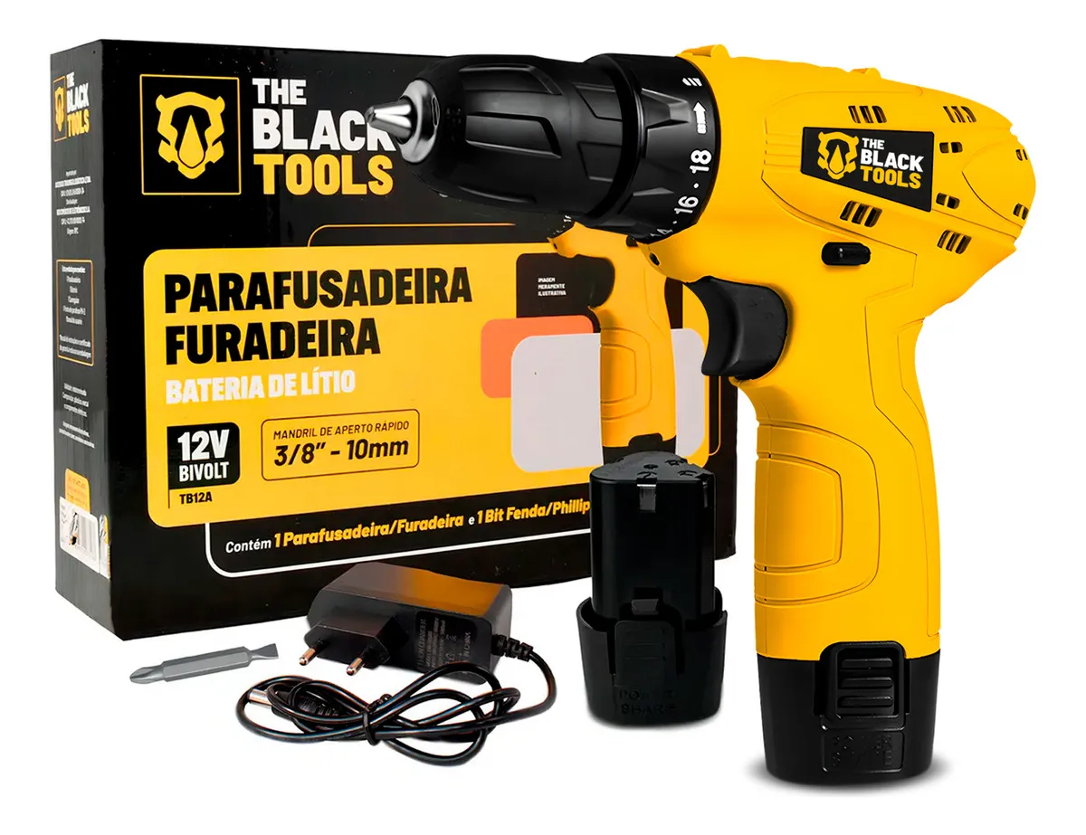 Parafusadeira Furadeira The Black Tools TB12A 3/8 a Bateria Cor Amarelo Frequência 60Hz