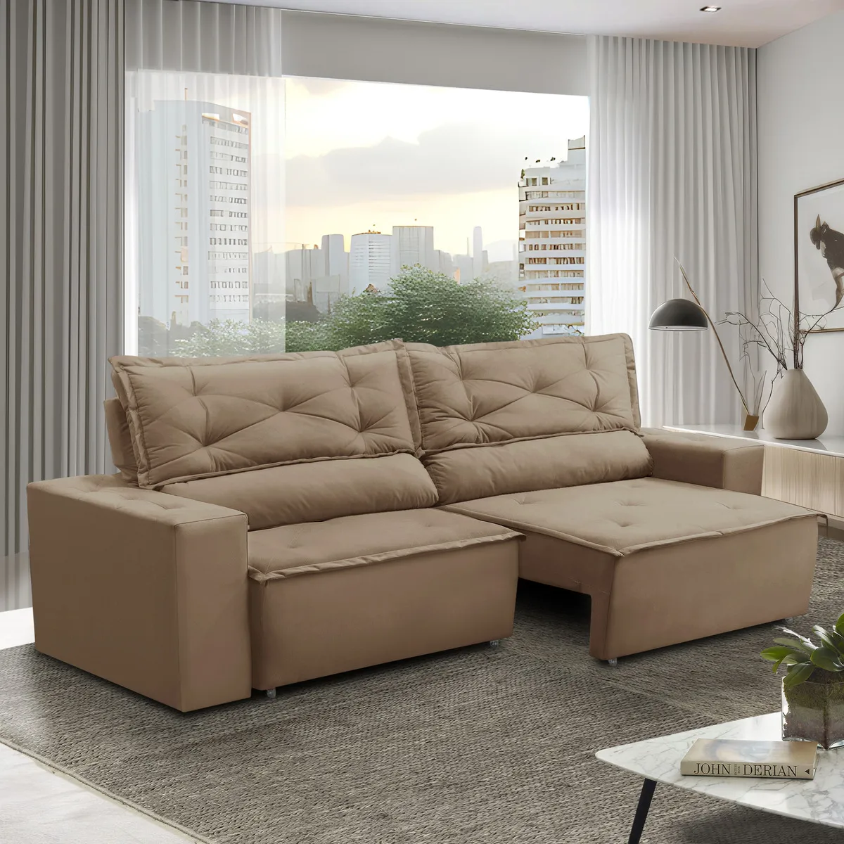 Sofá Retrátil E Reclinável Com Molas 1,80m Livia Suede Cor Cappuccino